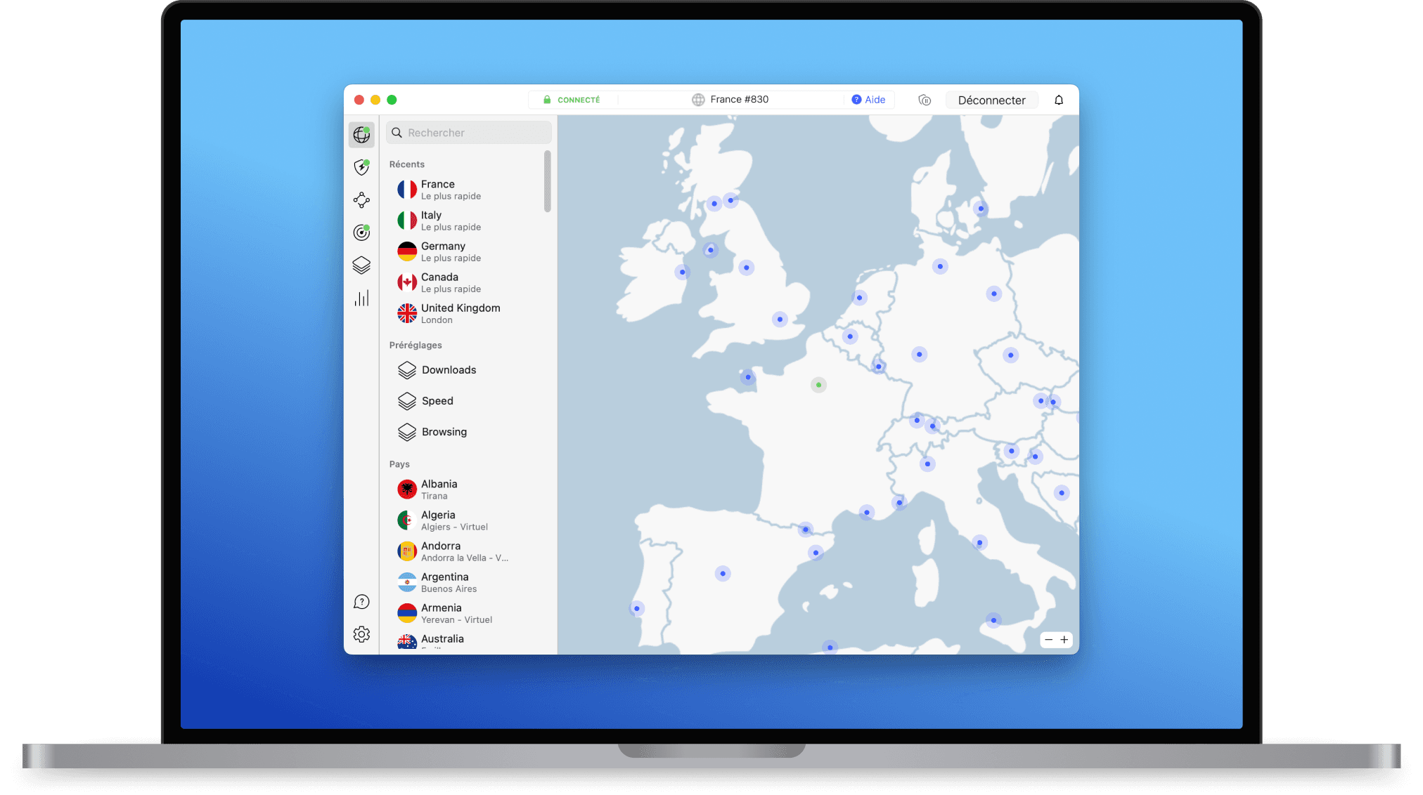 Application NordVPN pour macOS connectée à un serveur en France, affichée sur un ordinateur portable